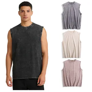 4-piece pack Unisex pure cotton sleeveless acid-washed T-shirt, off-shoulder tank top, loose fit, running and fitness T-shirt