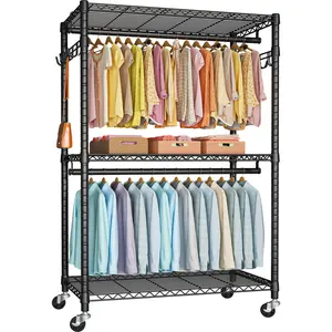 P1 Plus Rolling Clothes Rack, 22mm Diameter Heavy Duty Garment Rack with Wheels, Portable Closet Wardrobe with Double Rods, 45" W x 17.7" D x 80.5" H, Max Load 524 LBS, Black