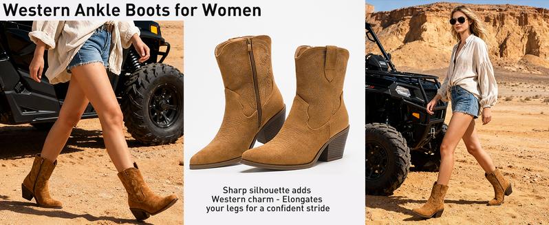 Cowboy Cowgirl Ankle Boots for Women Western Boots with Pointed Toe, Side Zipper and Chunky Heel Design