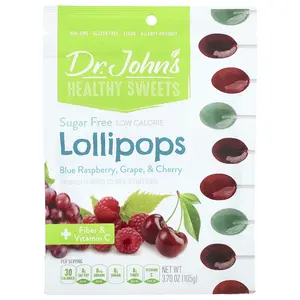 Dr. John's Healthy Sweets Lollipops, + Fiber & Vitamin C, Blue Raspberry, Grape & Cherry, 3.70 oz (105 g)