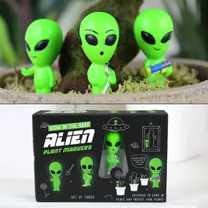 3pk Alien Statues Mini Plant Pot "Glow in Dark" Planter Decoration Markers