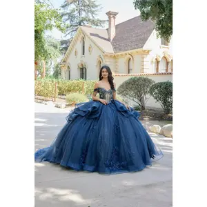 Juliet 1501J Beaded Appliqué Glitter Tulle Off Shoulder Quinceanera Dress