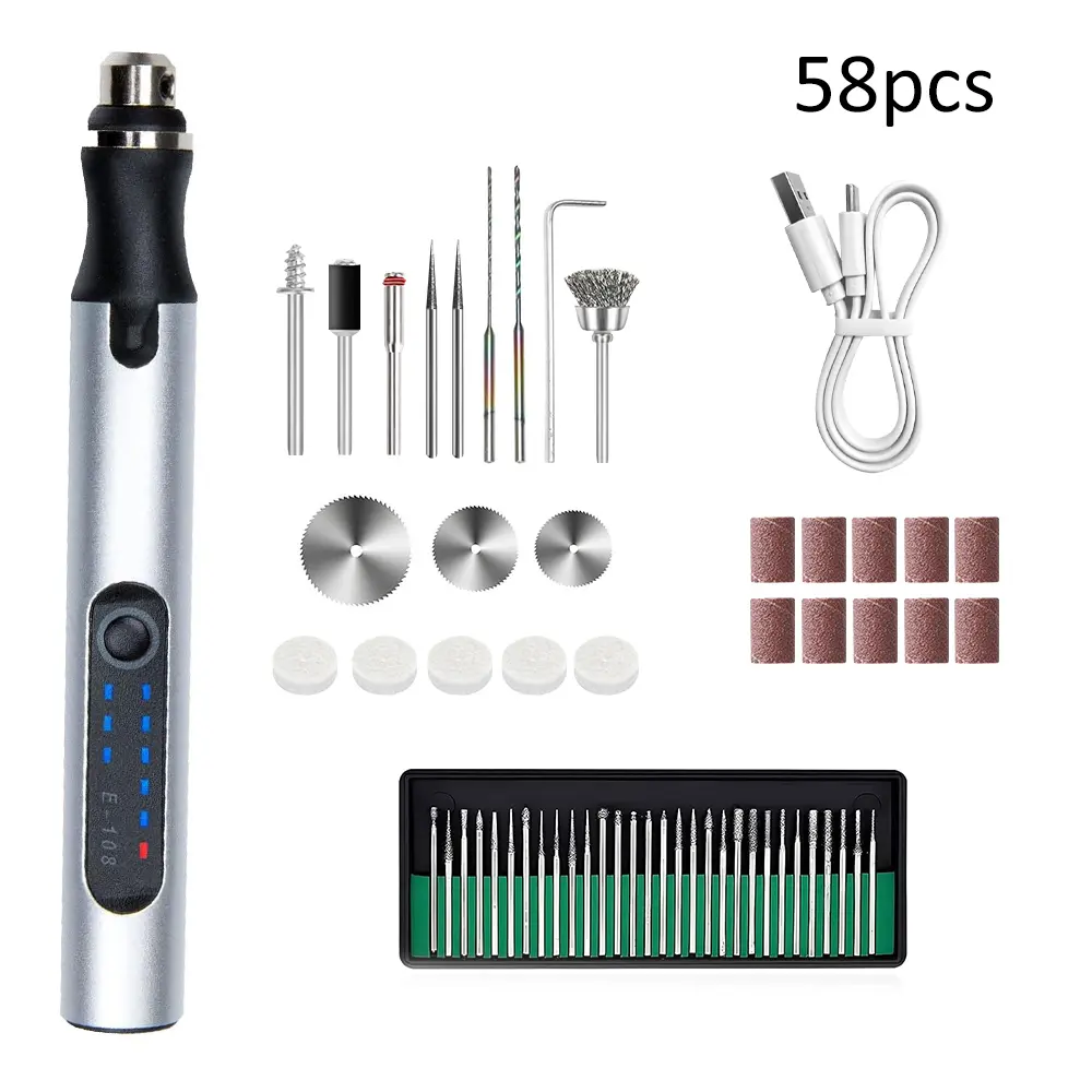 JENABOM Cordless Rotary Engraver Kit - 58/74/83 Pcs USB-Charging Handheld Grinding Tool Accessories Set, 58-Pc DIY Kit, 10000rpm Tool with Batteries for Cut/Engrave/Drill Tasks