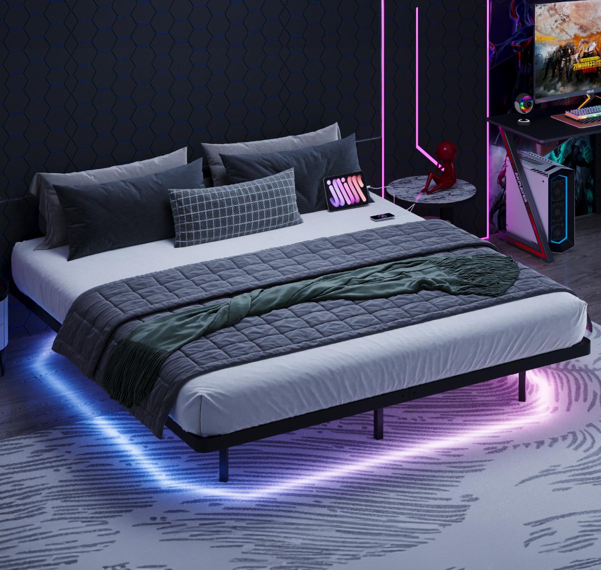 MUTICOR Floating LED Iron Bed Frame with Metal Slats【No Mattress】Headboard Outlets and Multi-Color Lighting, No Box Spring Needed, Twin/Full/Queen/King