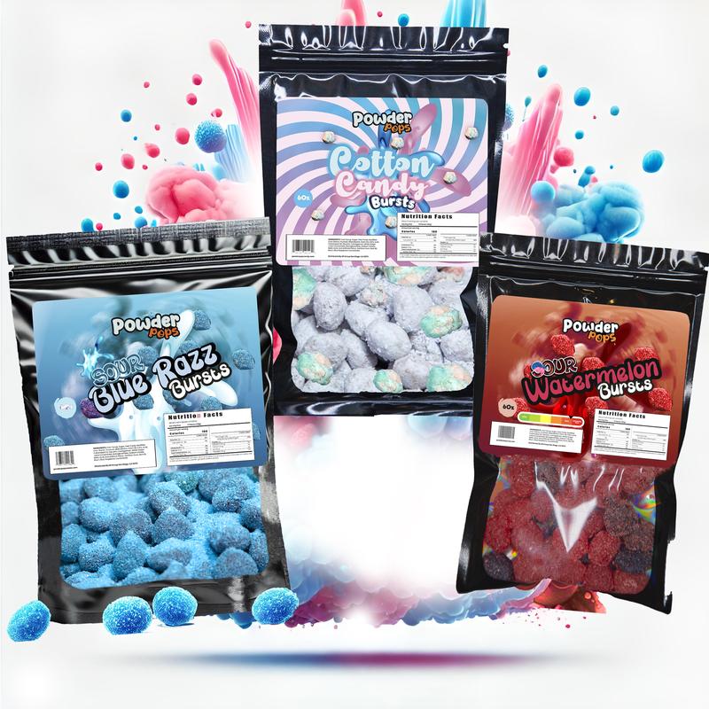 PowderPops Trio Pack Cotton Candy Gusher Bursts 6OZ + Sour Blue Raspberry 6OZ + Sour Watermelon 6OZ Viral Candy Snack - Sweet, Sour