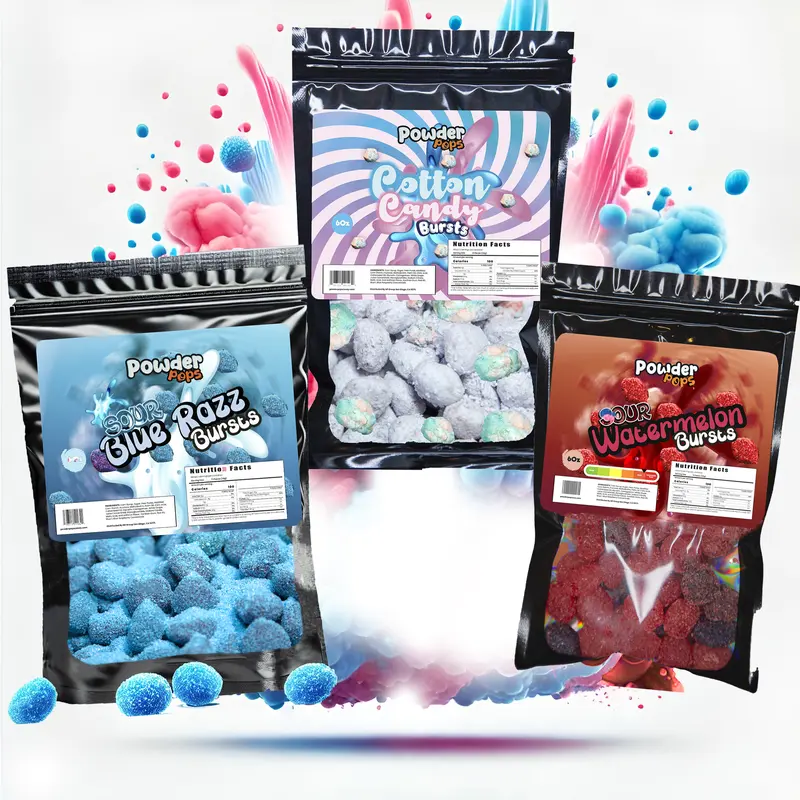 PowderPops Trio Pack Cotton Candy Gusher Bursts 6OZ + Sour Blue Raspberry 6OZ + Sour Watermelon 6OZ Viral Candy Snack - Sweet, Sour
