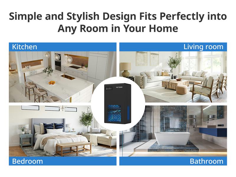 Fetions Portable Dehumidifier, 95oz Tank, High-Efficiency, 7 Customizable Color Settings, Drain Hose Included, Perfect for Bedroom, Bathroom, Kitchen, Basement – Black