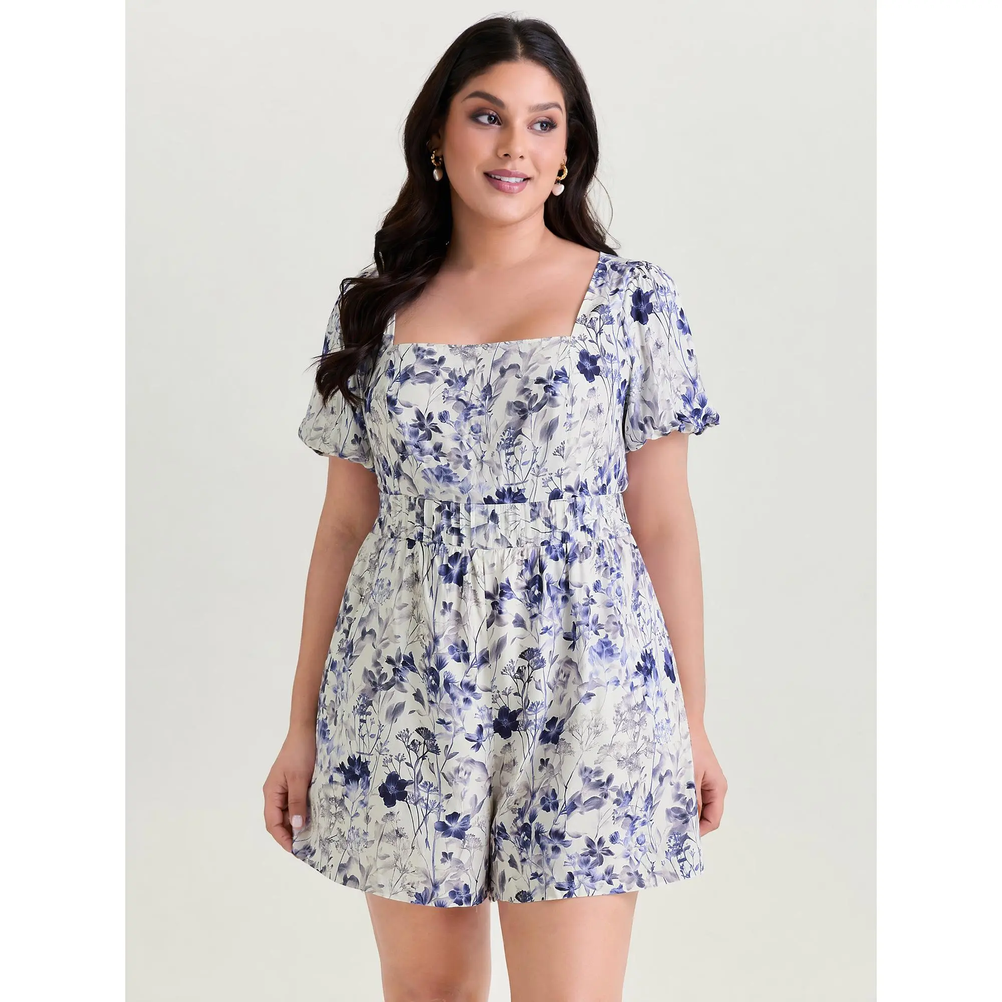 BloomChic Women's Plus Size Fit Romantic Ditsy Floral Garment Romper - Smooth Rayon Shell, Short Bubble-Sleeve Glam, Smocked Bodice, Side Pockets, Iron-Smooth Finish, Knee Length, Multi-Size, Summer Casual, Cold Wash, Navy Overalls