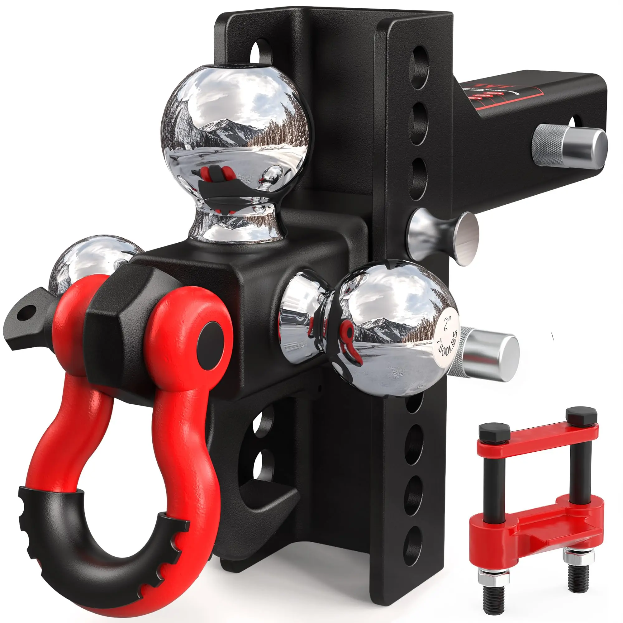 TYT Adjustable Heavy-Duty Trailer Hitch Tri-Ball Mount with Locks & Pin & Rotatable Tow Shackle, Anti-Theft Locking System, Fits 2-Inch Receiver, 4-1/2" Rise/Drop, 1-7/8" & 2" & 2-5/16" Ball, 10000LBS GTW, Heavy Duty Truck RV ATV Tow Hitch