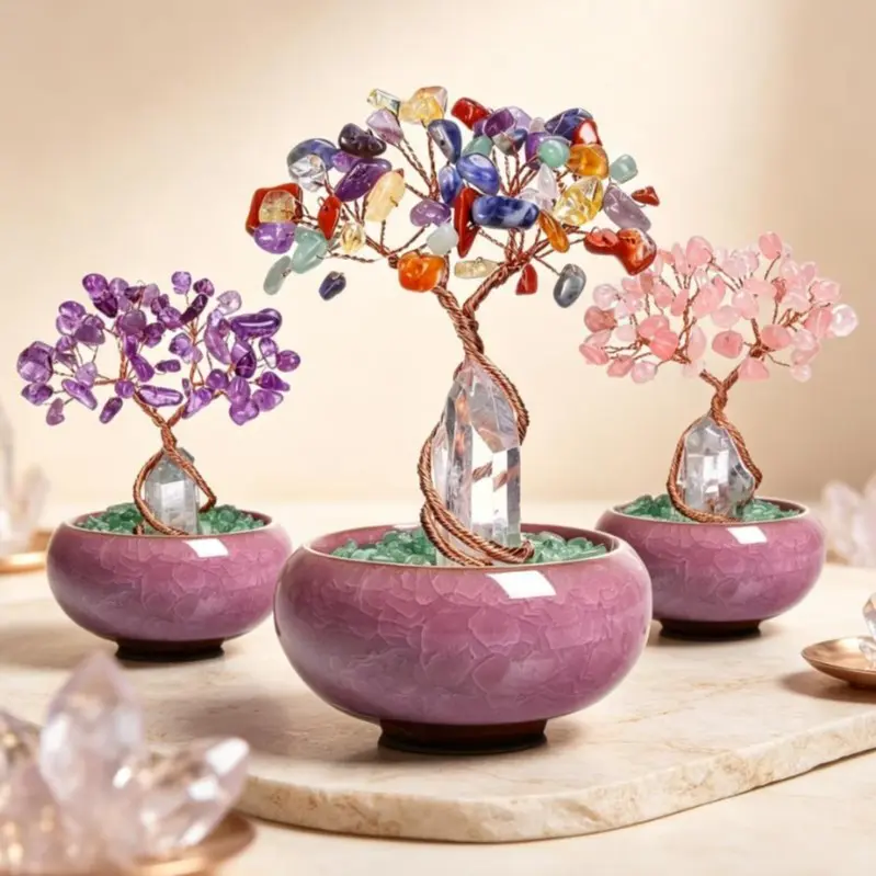 crystal tree set with natural tumbled amethyst rose quartz chakra colorful gemstones, mixed crystal tree desktop ornament, spiritual healing crystal decor souvenir gift for halloween christmas valentine's day home table decor