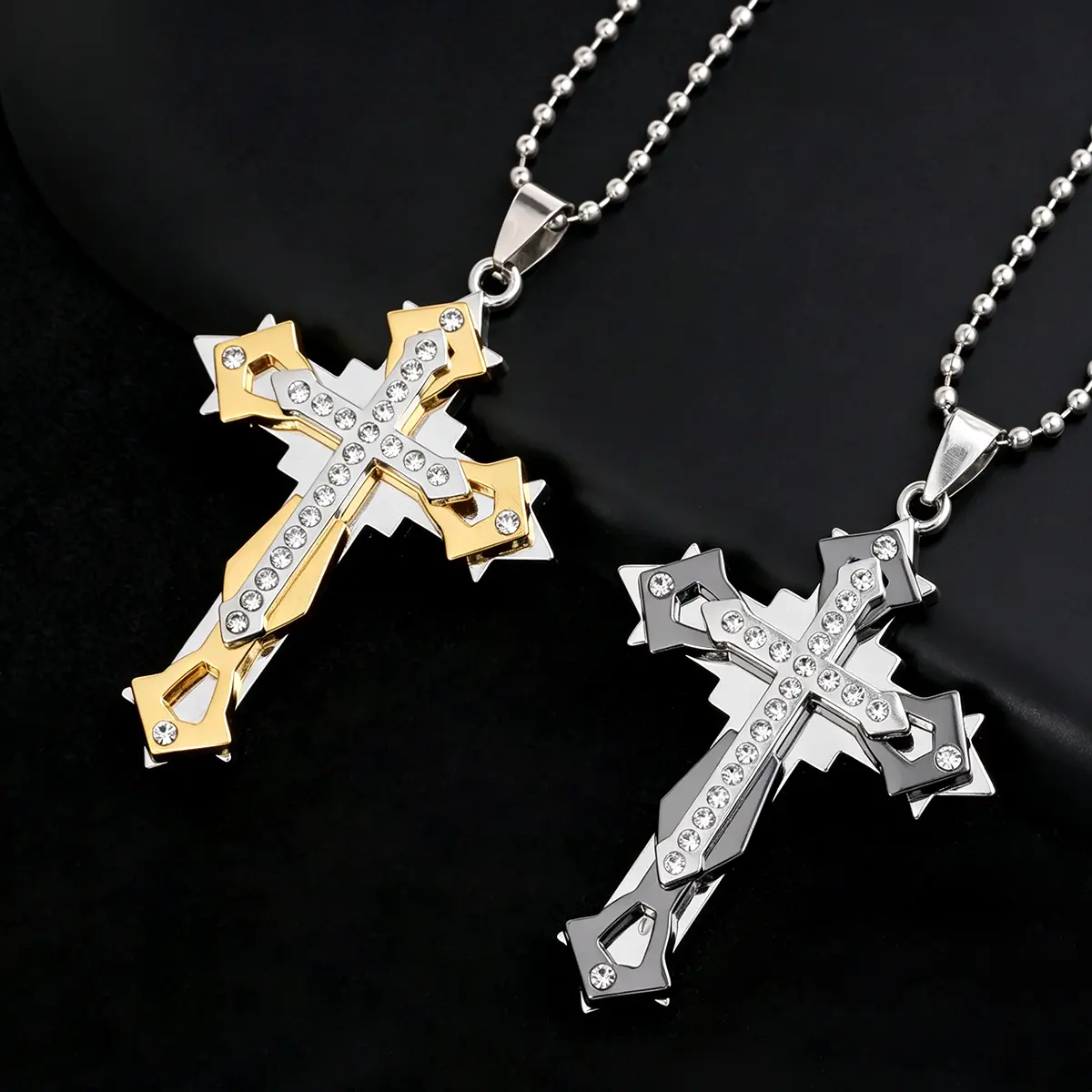 1pc Cross Pendant Necklace For Men Simple Shinny Rhinestone Black Golden Chain Hip Hop Punk Jewelry Gift