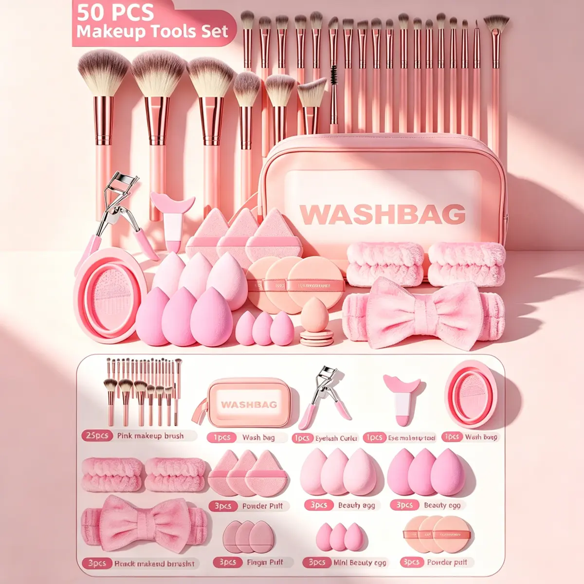 50-Piece All In One Complete Makeup Tools Set 25Pcs Makeup Brushe set Beauty Sponges Powder Puffs Plush Hair Accessories Eyelash Curler Eye Makeup Tool Silicone Brush Cleaner Mat With Transparent Cosmetic Wash Bag For Daily Travel Makeup Artists