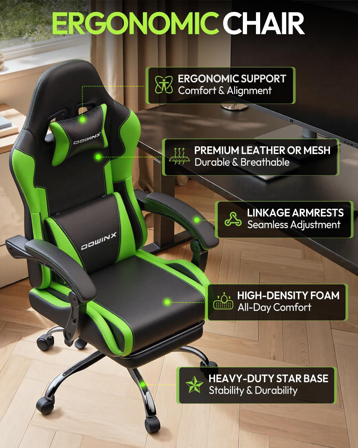 Dowinx Ergonomic Gaming Chair: Massage Lumbar & Footrest, 330lb Capacity 2D-Linkage Armrest Computer Chair, White Professional Home Office Desk Chair