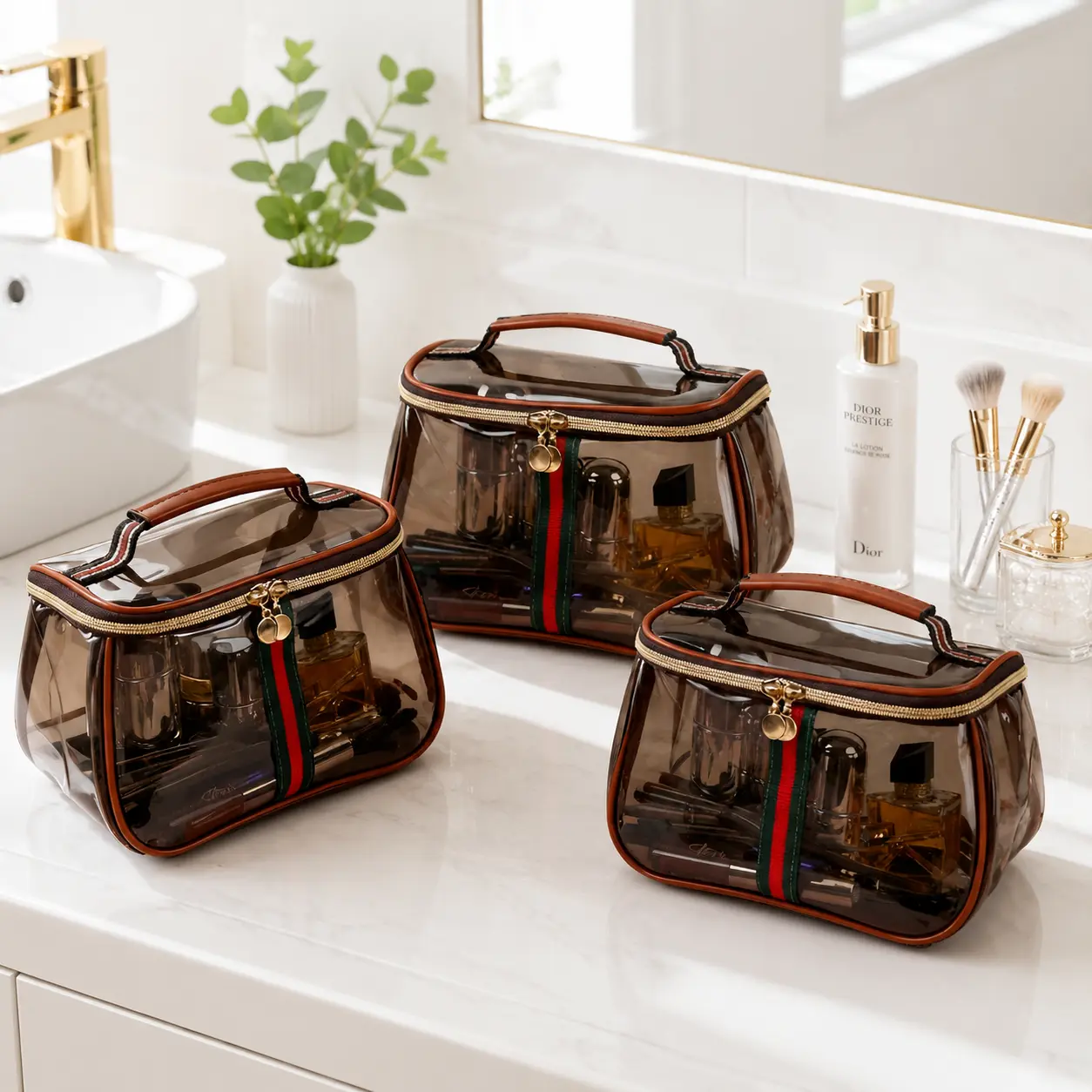 Women's Vintage Vanity Bag - High-Capacity Retro Look Multi-Function Waterproof Travel Toiletry Organizer, Transparent Beauty Storage Pouch for Makeup & Skincare, Brown