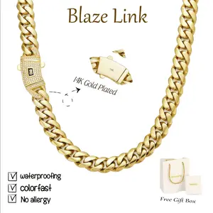BlazeLink 14K Gold-Plated Cuban Link Chain with Diamond S Clasp Waterproof men's Hip Hop Jewelry for Men Women Stainless Steel Thick Chain 6mm 8mm 10mm 12mm 14mm Colorfast Anti-Friction Best Gift Free Gift Box