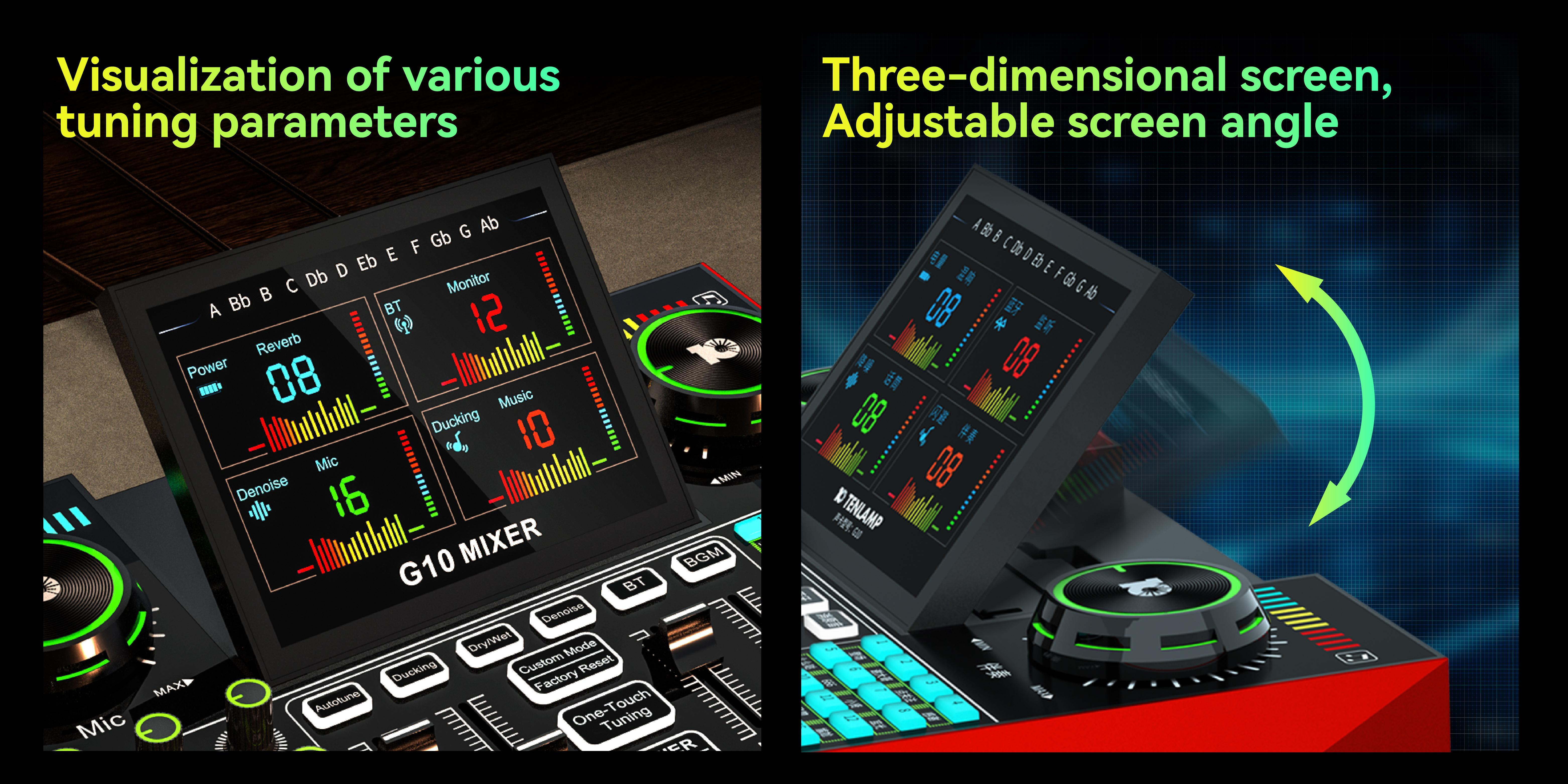 Tenlamp G10-PK PRO Series supports custom sound effects, features a condenser microphone, incorporates dual noise-canceling technology, and includes a built-in computer audio mixer. Ideal for live streaming, gaming, singing, and podcast recording.