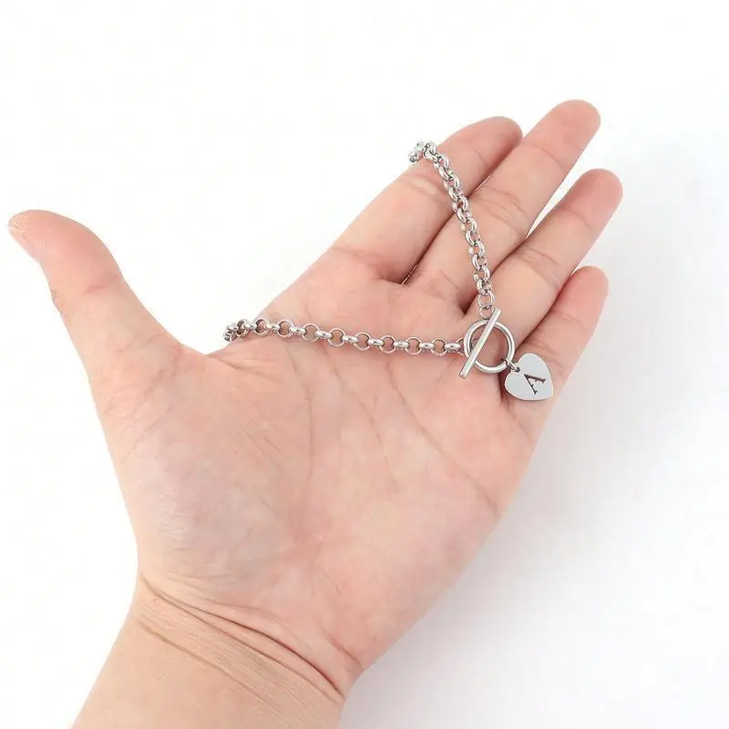 1pc Simple Silver Color Heart Hollow Initial Pendant Toggle Clasps Stainless Steel Chain Necklaces For Women 1pc Simple Silver Color Heart Hollow Initial Pendant Toggle Clasps Stainless Steel Chain Necklaces For Women