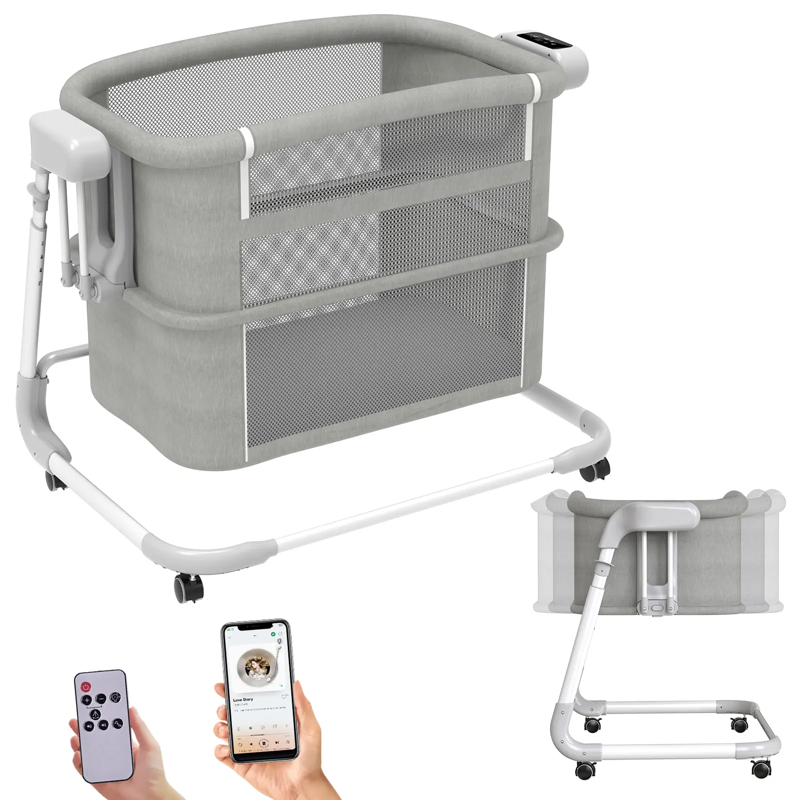Electric Rocking Bassinet for Baby  Automatic Bluetooth-Enabled Smart Crib  with Wheels, 4-Height Adjustable Bedside Sleeper, 5-Speed Swing for  Newborns & Infants - TikTok Shop