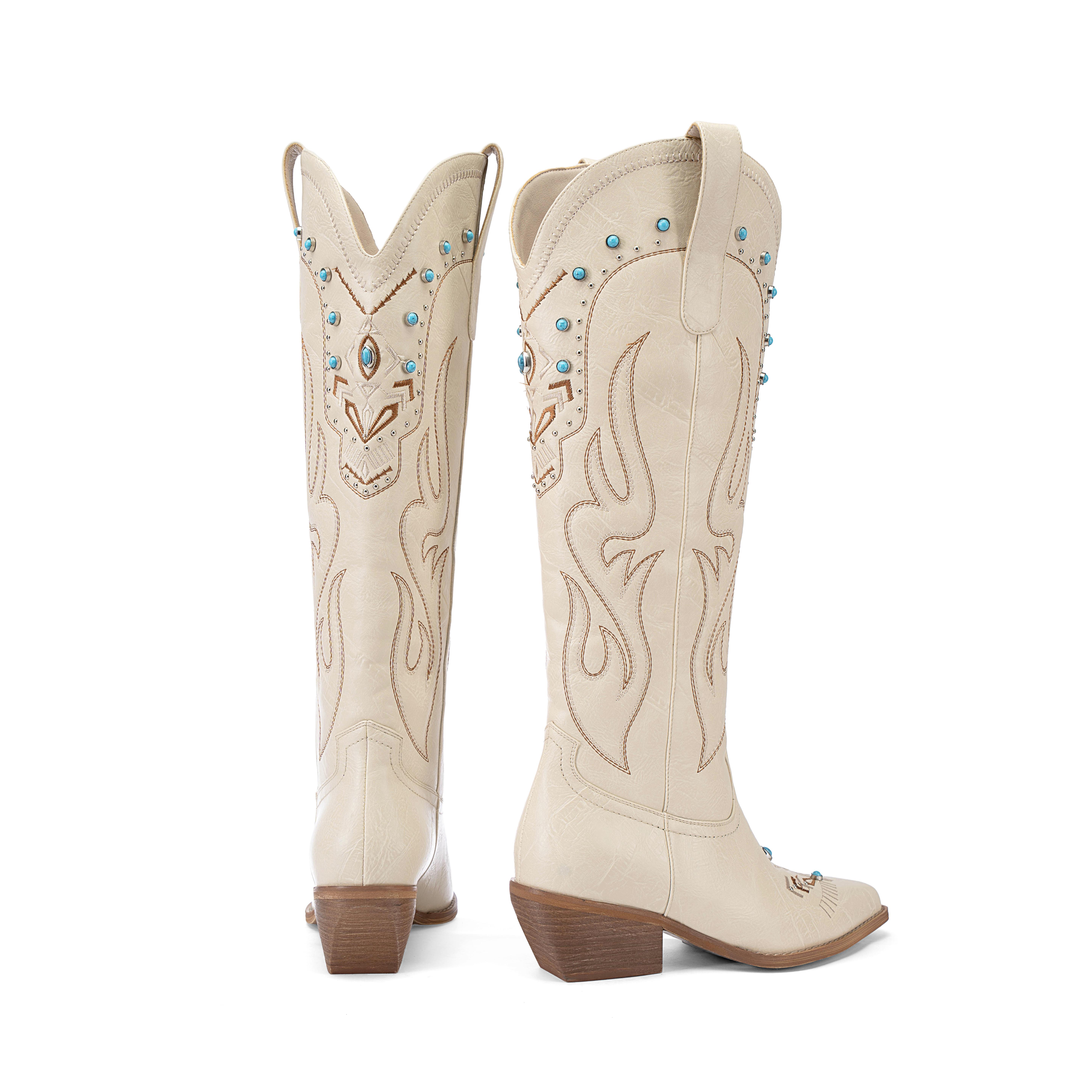 ReneChristine Women's Embroidery Western Cowboy Boots with Studs & Emerald Gemstones, Knee High Wide Calf Cowgirl Boots for Gatherings Weekend Hangouts Black Leather fur boots knee high boots boots for fall thigh high boots brown boots cowgirl boots Sprin