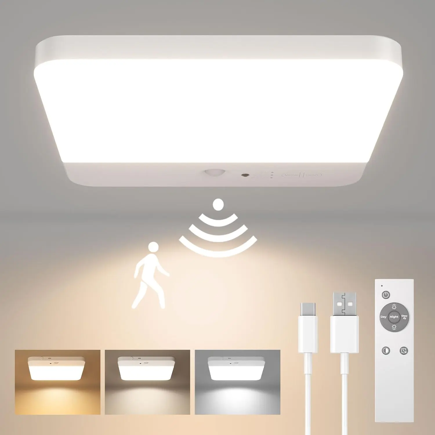 FULEN Rechargeable Motion Sensor Ceiling Light Fixture - Cordless Battery-Operated Magnetic Mount LED Work Light with 3 Color Temperatures, Remote Control for Showers, Dark Corners, Metal Surfaces, Secondary Lighting Needs