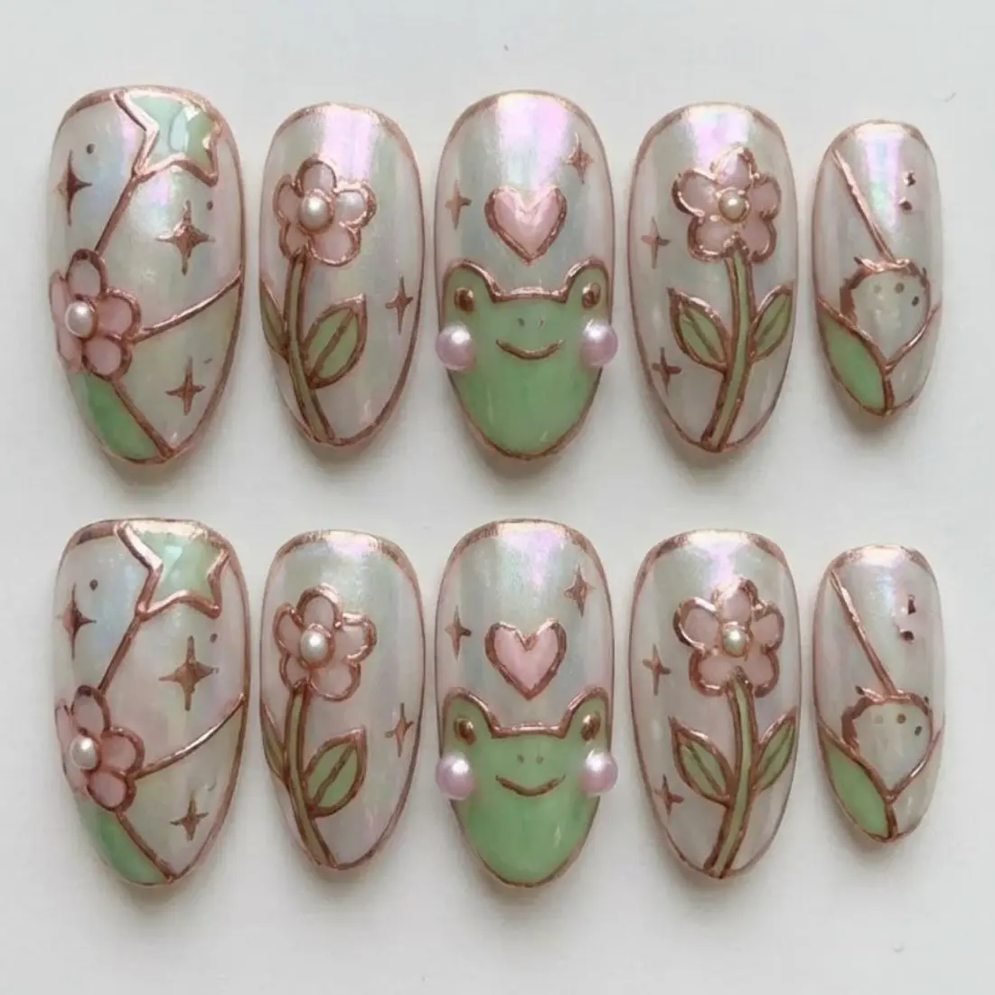 Kawaii Frogcore Luxury Stained Glass Press On Nails | 3D Pink & Sage Green Nail Art