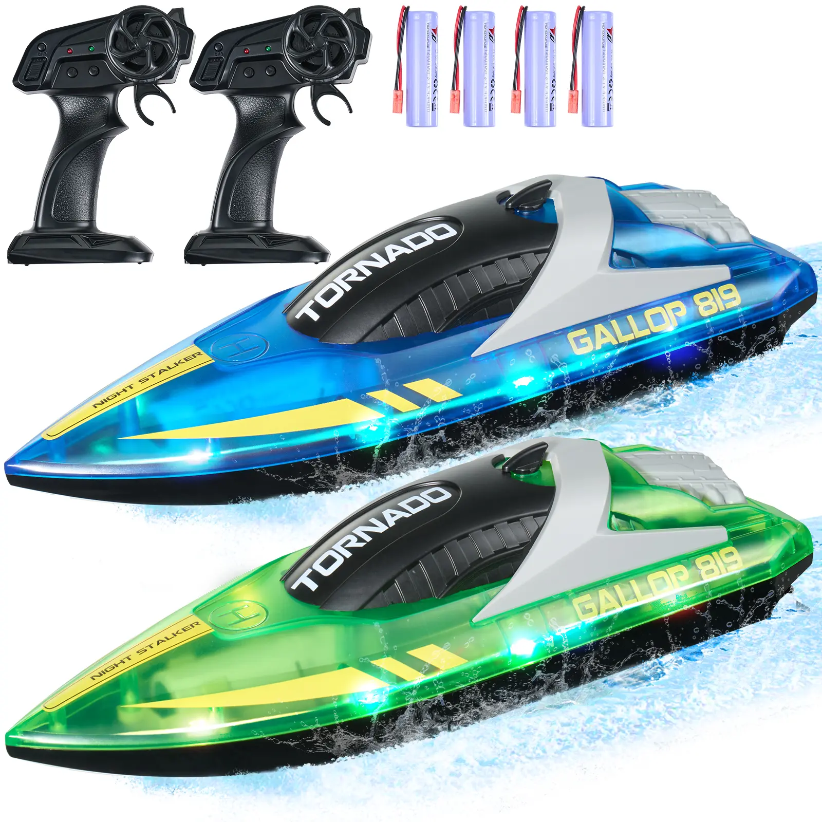 VEVOR RC Boat,  2 Pack 2.4GHz 12 km/h, Remote Control Boat for Pools & Lakes, Racing Boat with LED Light, 4 Rechargeable Batteries, Whole Body Waterproof, Gift for Adults Boys & Girls, Blue & Green