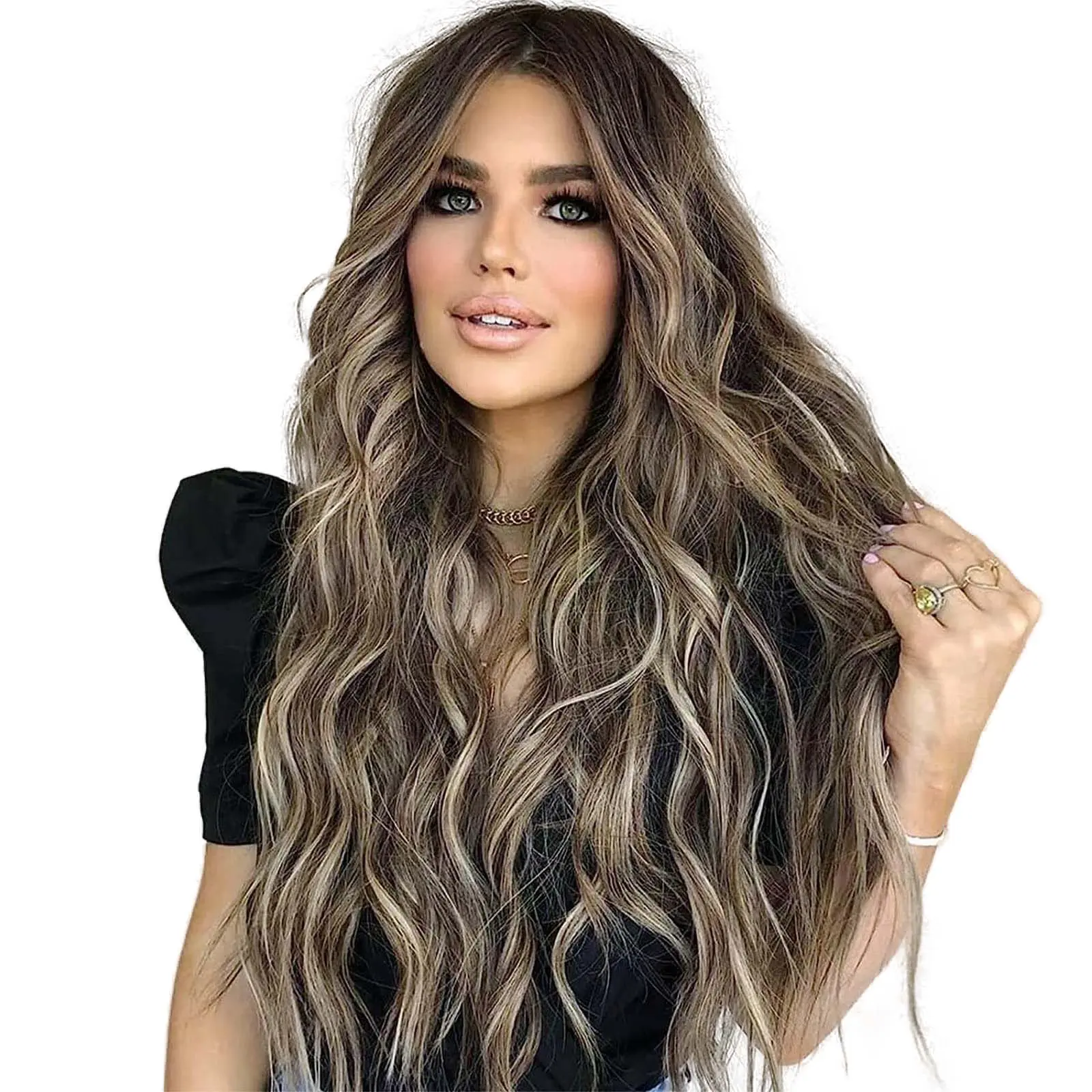 AISI HAIR 26inch Long Wavy Ombre Wig Middle Part Curly Natural Looking Hair Replacement Wigs for Party Daily Use Synthetic Heat Resistant Wigs Blonde Brown Wave