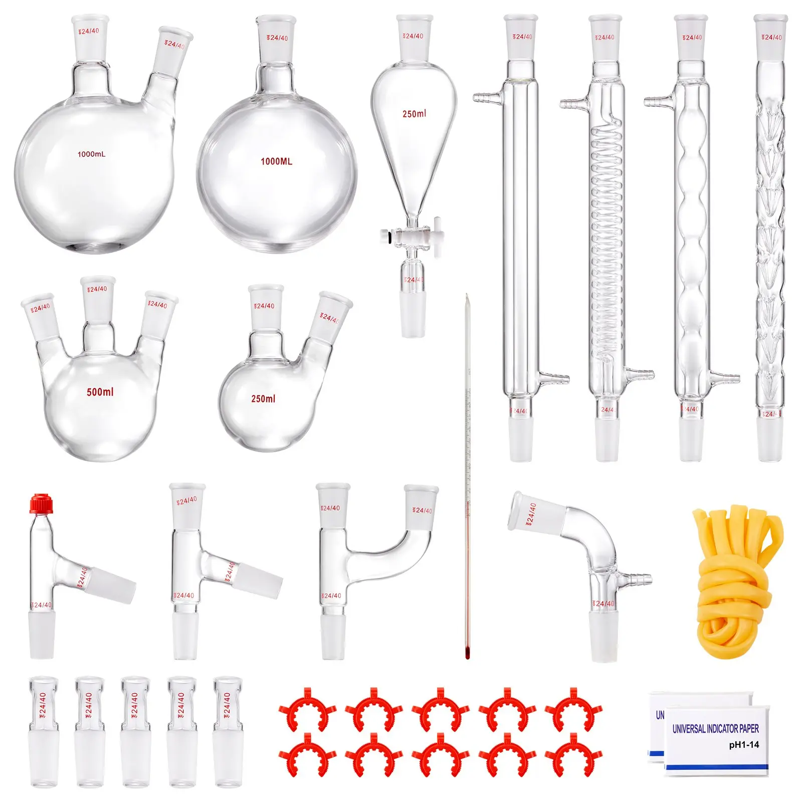 32-Piece 3.3 Boro Glassware Set, 1000ml Lab Distillation Kit with 24/40 Joints - Dropwise Reflux, Fractionation, Essential Oil Distillation Apparatus