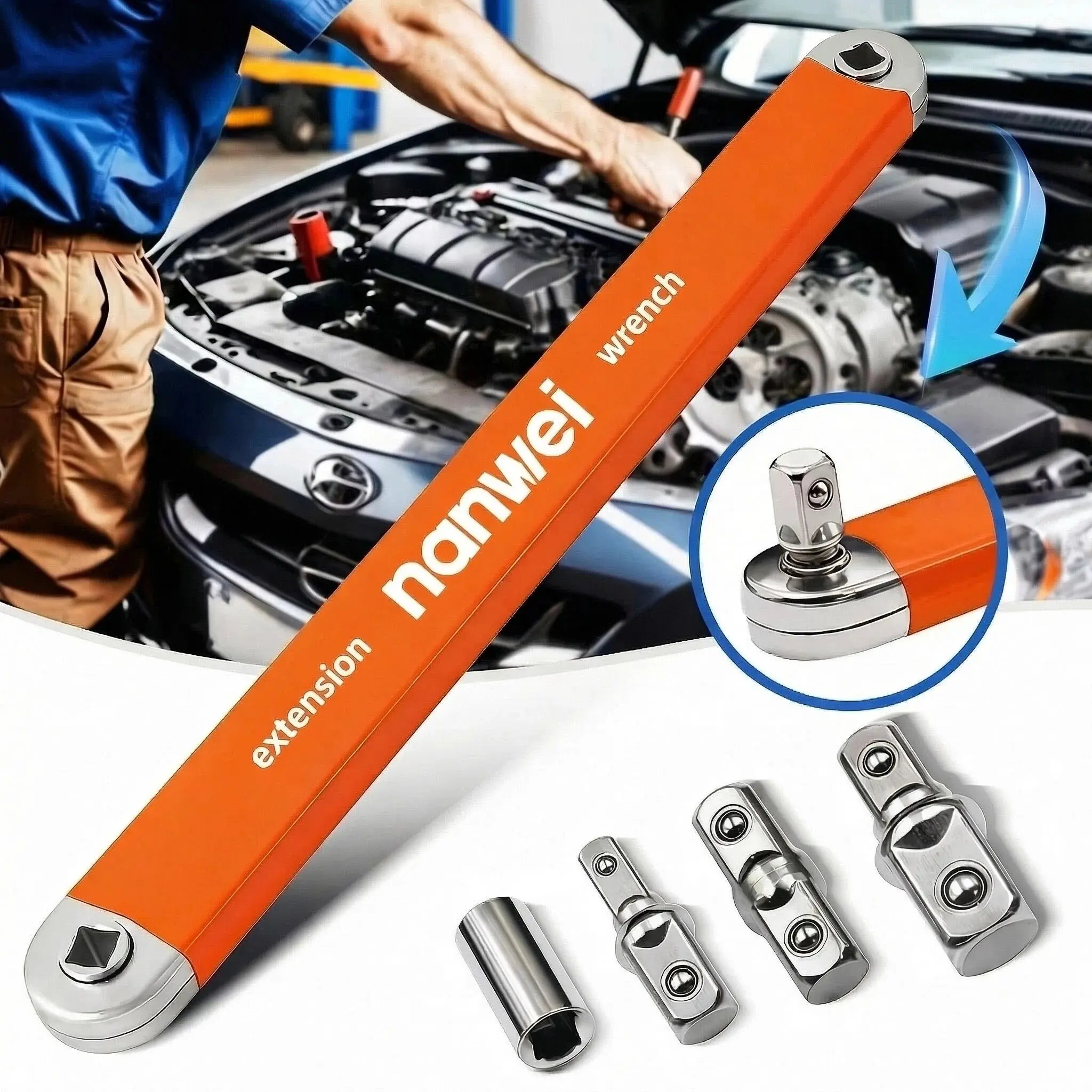 NANWEI Orange Lever Offset Handle Wrench - Chain Drive Solid Metal Torque Boost Extender Bar, Universal Extension Labor-Saving Tool with Multi-Size Socket Adapters for Ratchet Tools, Auto Repair Narrow Confined Spaces, Adapters + Socket, Tools And Gadgets