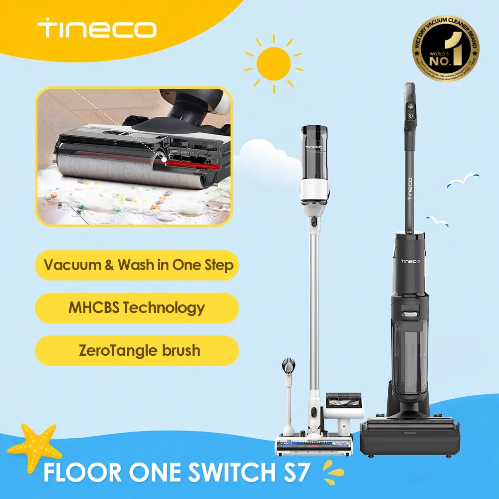 TINECO FLOOR ONE SWITCH S7 Smart Multi-Function Cleaner, Suitable for Whole-house Cleaning, Self-Cleaning, Extended Battery Lifespan, ZeroTangle Brush, Dual-Edge Cleaning, Safe for Children and Pets, Floor Cleaning Tool, Multifunction Floor Steamer