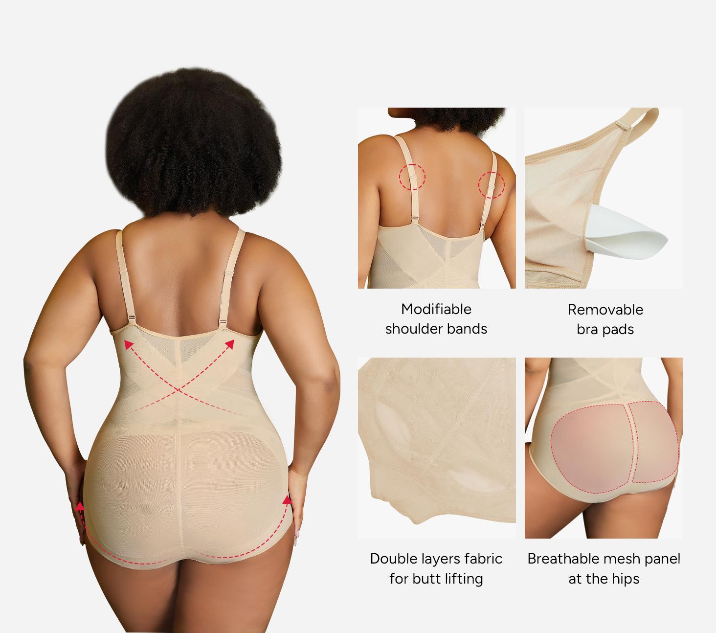 [MAX] Nebility Women's Vneck Bodysuit Shapewear - Built-in Bra, Mesh Breathable Compression, Sleeveless High Waisted, Basic Minimalist Comfort Womenswear Black&Black