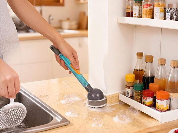 CuLiDing Soap Dispensing Dish Brush Storage Set with 360° Rotating Head, 3 Brush Heads & 2 Scouring Pads, Durable & Eco-friendly, Versatile for Dishes, Sink, Pans, Pots