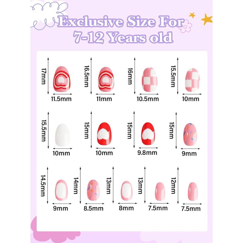 26 Pieces Press on Nails for Kids, EBANKU Kid Fake Nail Kit Pink Heart Press on Nail Short Artificial False Nail Kits for Kids Girls