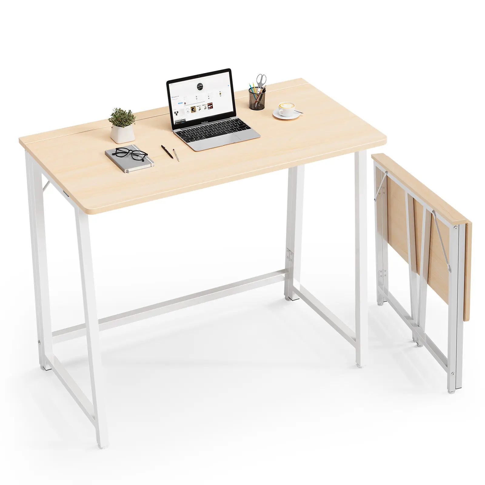 Sweetcrispy 31.5x15.75in Sturdy Foldable Steel-Wood Computer Desk - Tool-Free Adjustable Compact Modern Office Writing Workstation, 198.4 lbs Capacity, Secure Lock Latch, Scratchsafe Feet, P2 Particle Oak Finish, Lightweight WFH Small Space Furniture