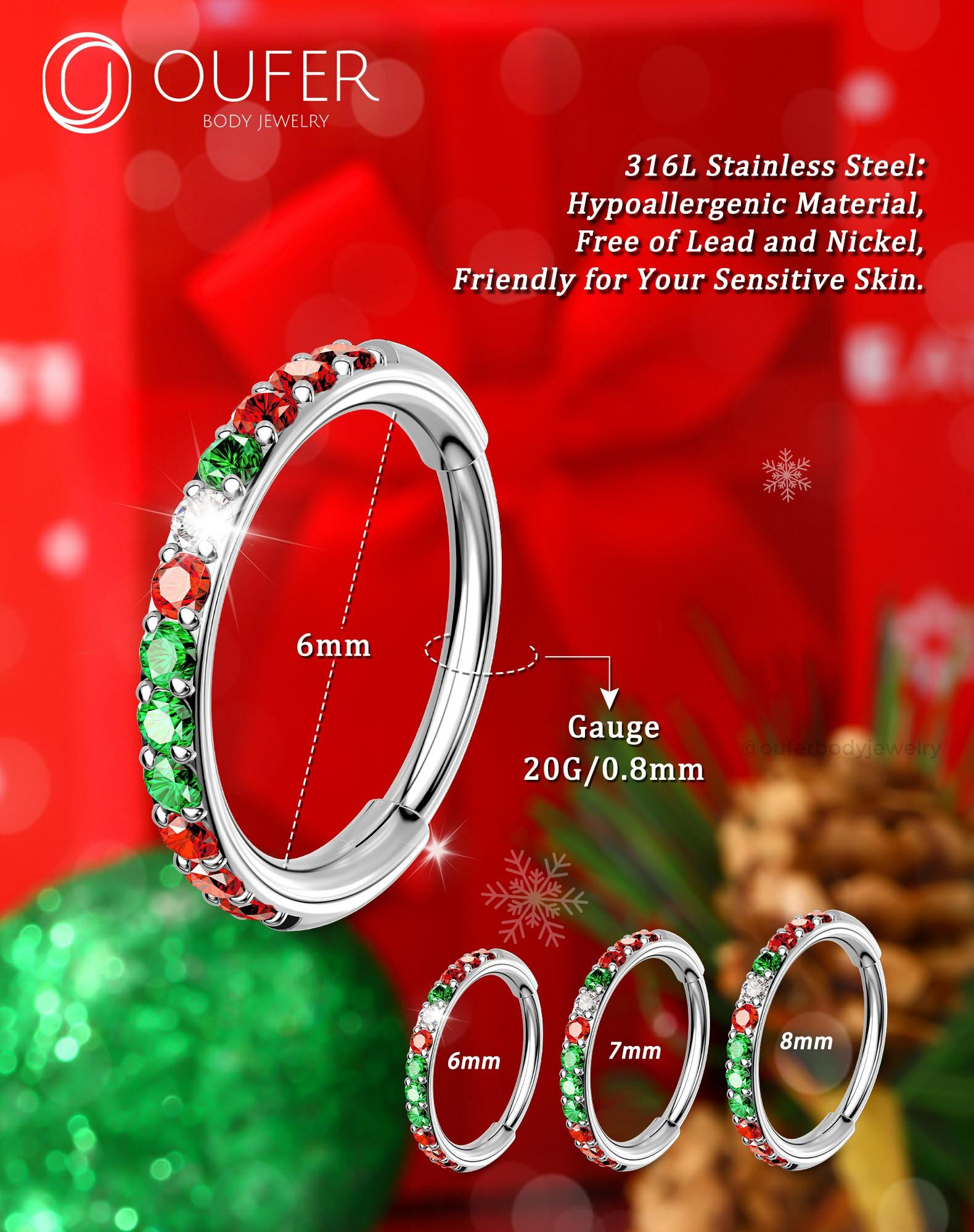 Oufer Christmas 20G/18G AAAAA+ Grade CZ Hinged Segment Nostril Nose Ear Cartilage Piercing Hoop Ring 316L Stainless Steel 5mm-12mm Vintage Body Jewelry with 11 Clear CZ Stones for Nose Conch Helix Lobe Tragus Piercings
