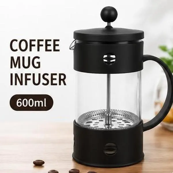 600ml French Press Coffee Maker Mug, Glass Coffee and Tea Brewer with Stainless Steel Plunger Filter, Manual Coffee Press for Ground Coffee and Loose-Leaf Tea, Black