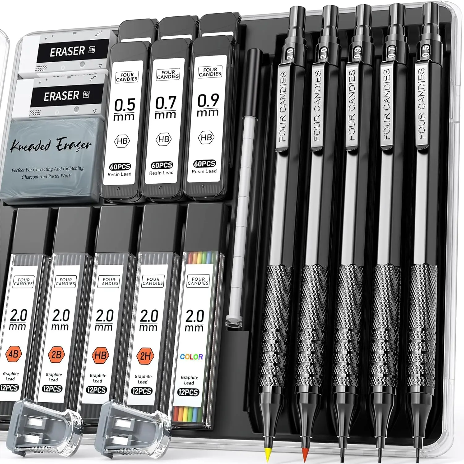 Four Candies Back to School  5PCS Metal Mechanical Pencil Set,  3PCS Art Drafting Pencils 0.5, 0.7, 0.9MM & 2PCS 2MM Mechanical Drawing Pencils with 420PCS Leads (4B 2B HB 2H Color) for Writing Sketching Drawing