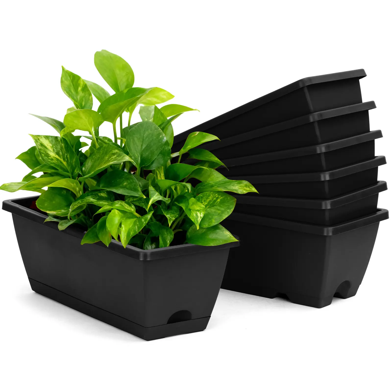 Bamworld 7-Piece Modern Durable Plastic Window Bin Planter Set - 43x18x16 cm Rectangular Flower Pots & Planters, Integrated Drainage Holes, Coasters, Waterproof, for Windowsill, Indoor & Outdoor Use, Black (7 Pcs Value Set)