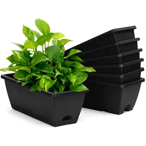 Bamworld 7Pcs Window Bin Planter, 43cm Rectangular Flower Box with Drain Holes and Coasters, Plastic Plant Pots for Windowsill Patio Porch Garden Decoration, Black