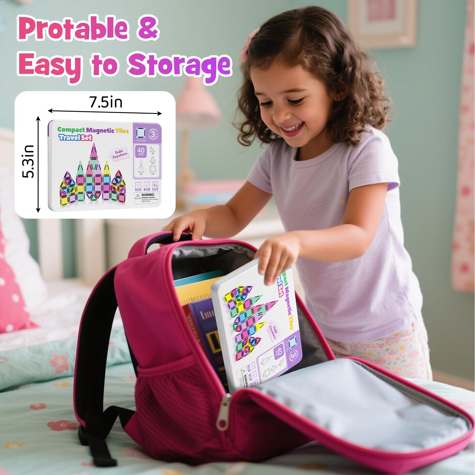 Mini Magnetic Building Blocks, 40 Pieces - Montessori Education Magnetic Travel Building Set, with Iron Storage Box, Airplane-Shaped Toy, Suitable as a Birthday Gift for Boys and Girls, and an Essential for Outdoor Camping Trips.