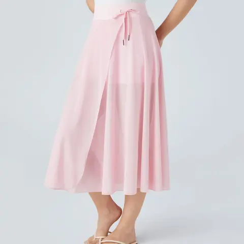 Halara High Waisted Drawstring Contrast Mesh 2-in-1 Side Pocket Flowy Midi Flare Casual Skirt Retro Breathable Coverage Comfortable Breezy Elastane Womenswear