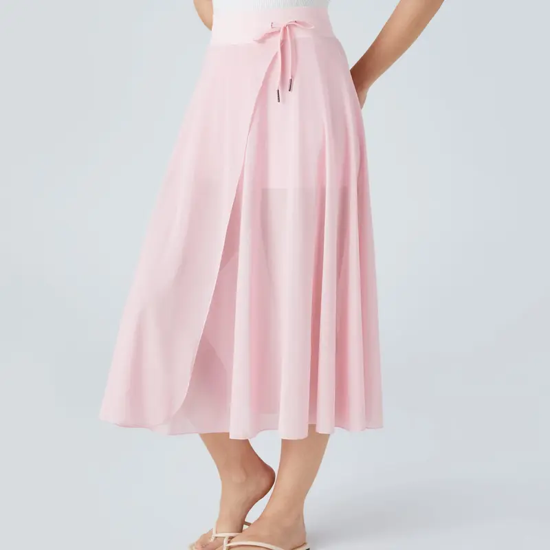 Halara High Waisted Drawstring Contrast Mesh 2-in-1 Side Pocket Flowy Midi Flare Casual Skirt Retro Breathable Coverage Comfortable Breezy Elastane Womenswear