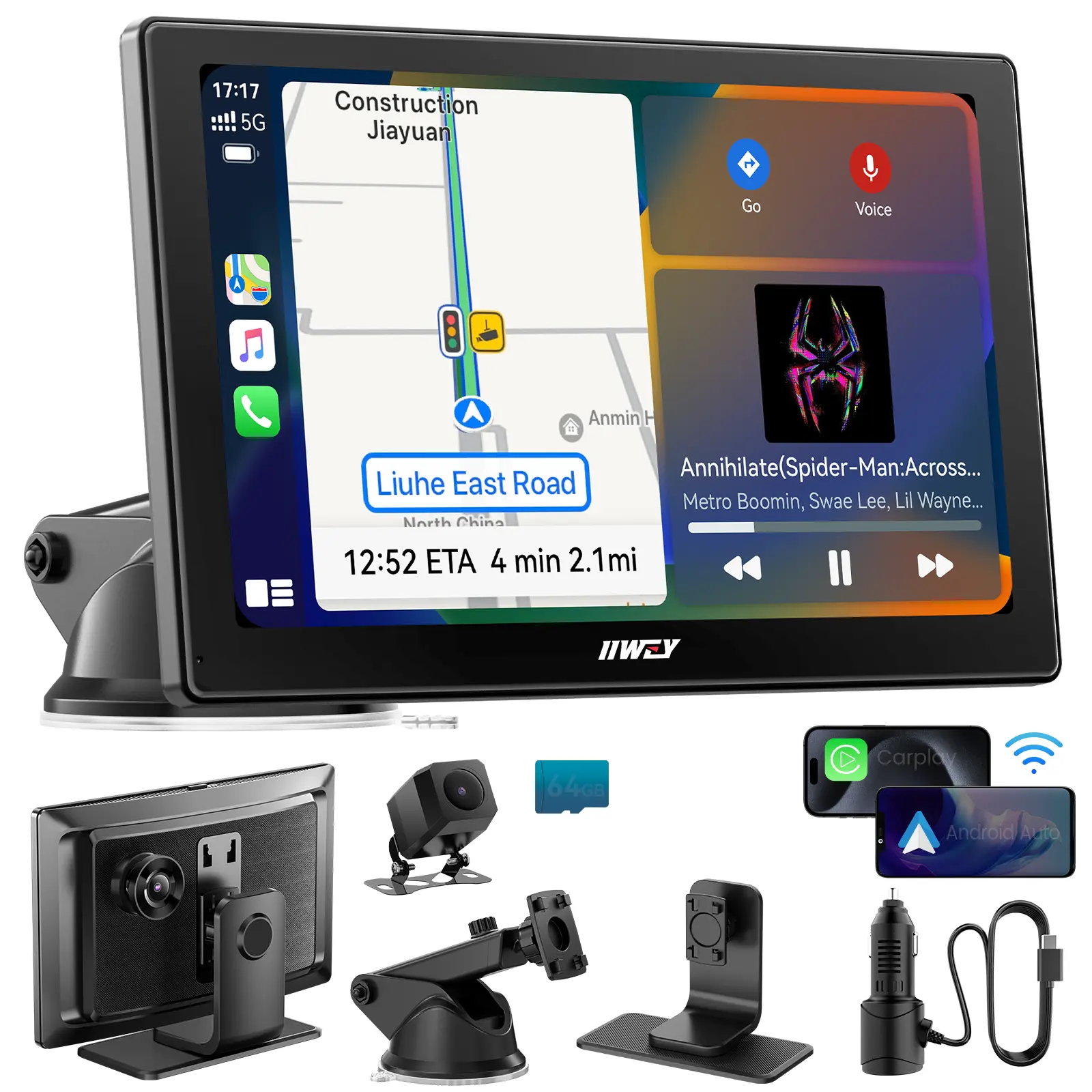 【BackToSchool】IIWEY iK5 9" Wireless Apple CarPlay & Android Auto Screen, Portable Car Stereo with 4K Dash Cam & 1080p Backup Camera, Add CarPlay to Any Vehicle, Touchscreen, Mirror Link Car Video Players Car Tv Stick Wifi Car Dvr