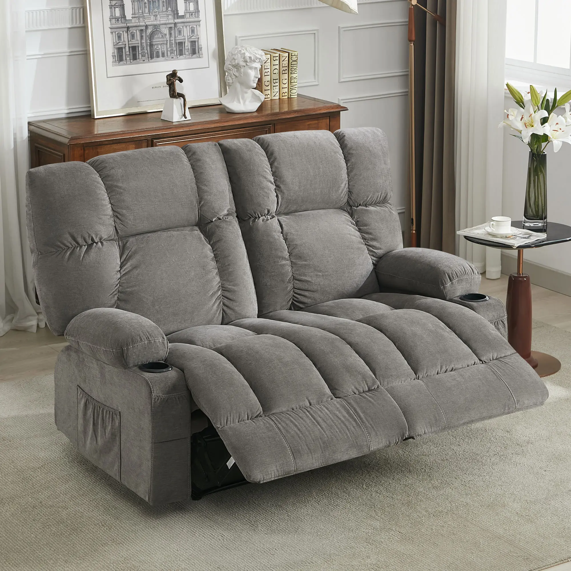 JONPONY 2-Seat Reclining Loveseat Sofa - Manual Recline, Cup Holders, Side Pocket, Breathable Fabric, Contemporary Look, Requires Assembly, Grey for Living Room, Supports Two