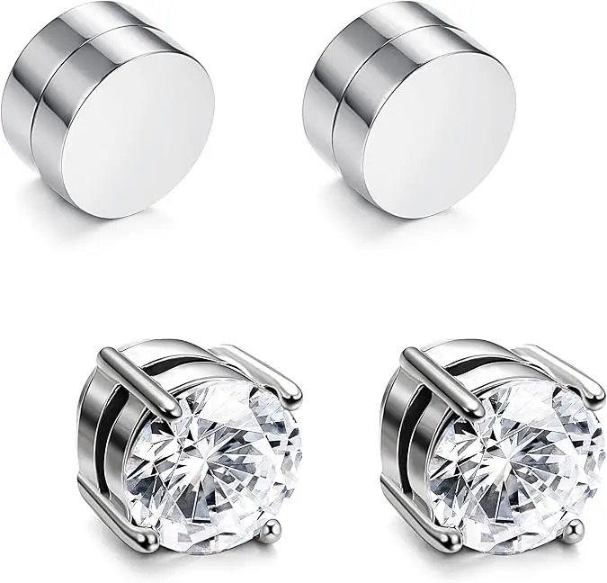 Elegant Trendy Stainless Steel Magnetic Stud Earrings with Cubic Zirconia - Non-Piercing, Hypoallergenic Men's Accessories for Sports & Outdoor Enthusiasts