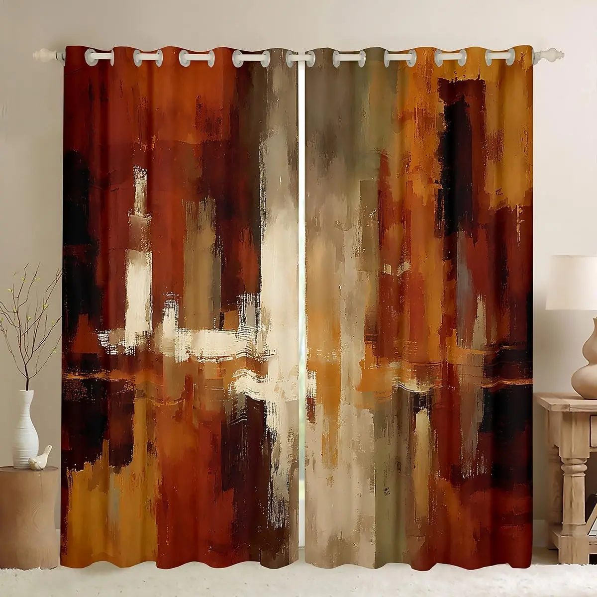 Burnt Orange Blackout Curtains Abstract Rust Art Darkening Drapes for Bedroom Decor Geometric Modern Chic Thermal Insulated Shades Farmhouse Window Treatments,2 Panels