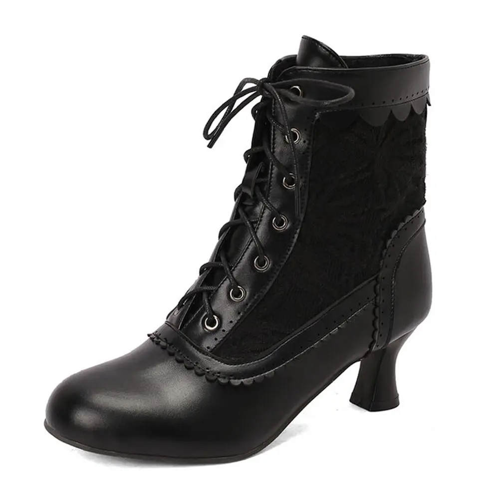 Women's Victorian Mid-Calf Boots - Cuban Heel, Lace-Up PU Upper, Round Toe, Witch Knight Combat Style, Plain Casual Footwear