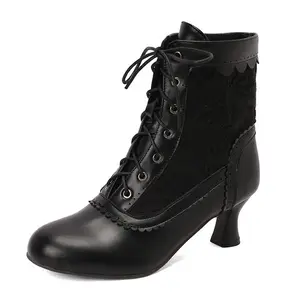 Women's Ankle Victorian Boots Round Toe Lace-Up Mid Calf Witch Knight Shoes Classic Elegant Design Versatile Style