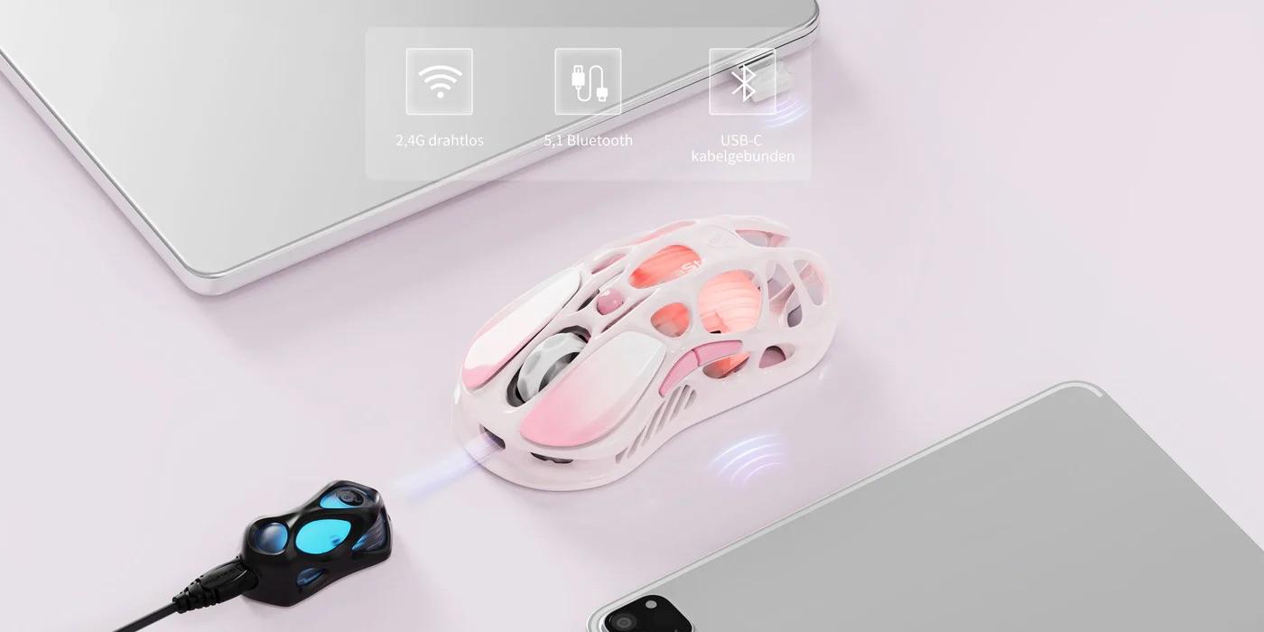 GravaStar Mercury M1 Pro Wireless Gaming Mouse, Pink Mouse, Lightweight Magnesium Alloy, 26,000 DPI, PAW3395DM Sensor, 5 Programmable Buttons, Support Wired/2.4GHz/BT, Up to 200 Hours Battery Life (Gradient Pink)
