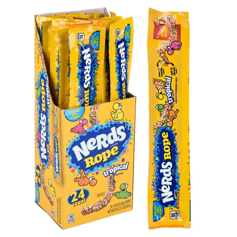 Nerds Rope Tropical 24 ct - Chewy Sweet Gummy Rope Coated in Crunchy Tropical Nerds - Mix of Exotic Fruit Flavors - 24 Count Box - Candy